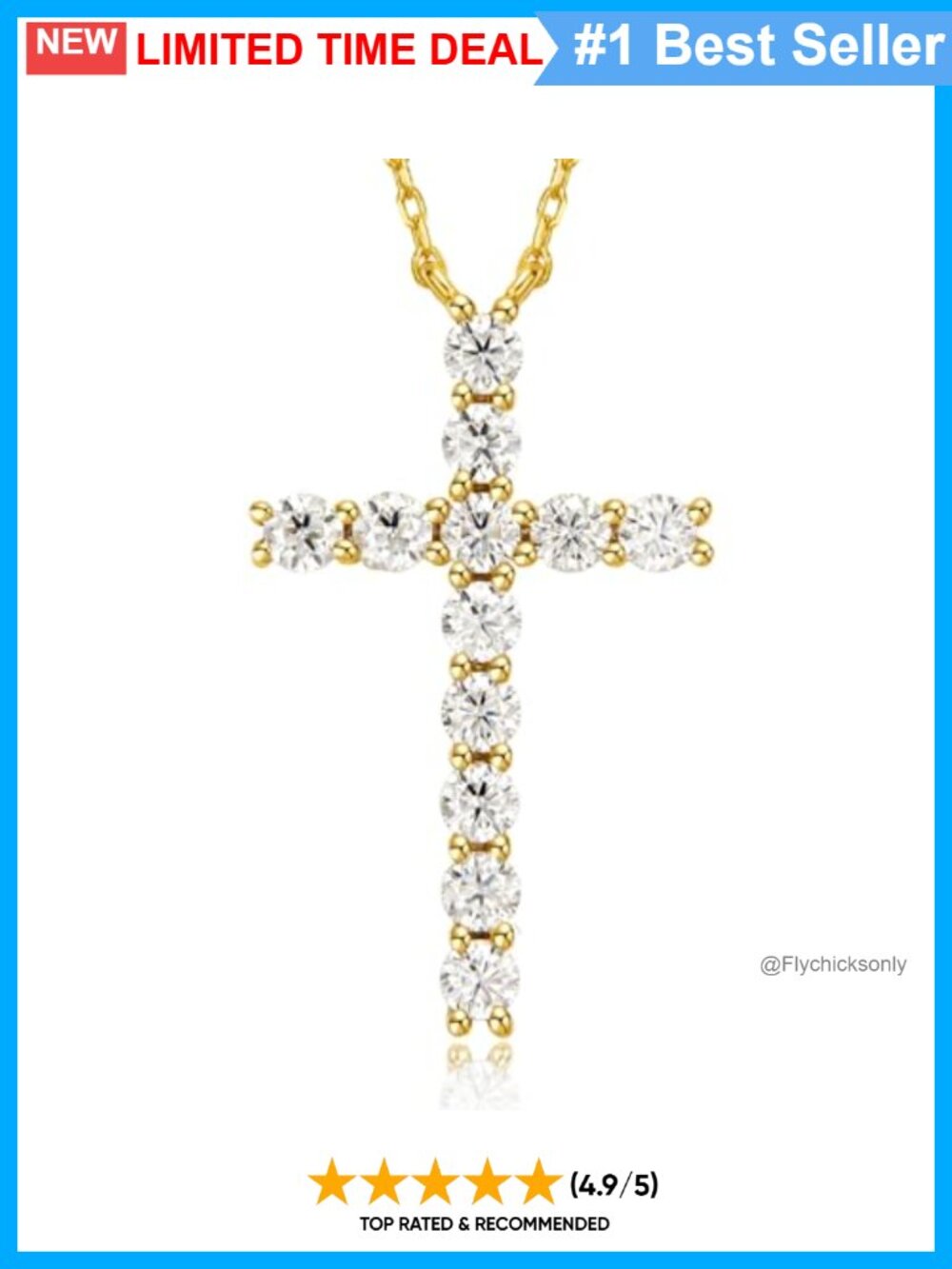 Moissanite Cross Necklace 925 Sterling Silver 18K Yellow Gold Plated